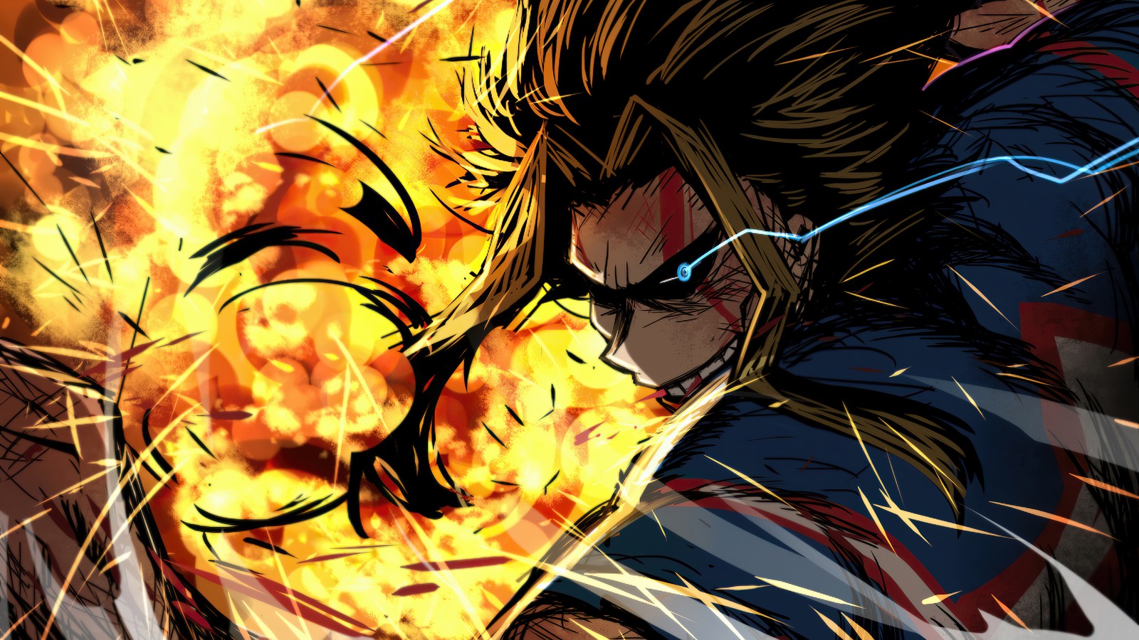 Мужчина в костюме и очках бьет по огню (все мощи, all might, my hero academia, боку но хиро академия, аниме)