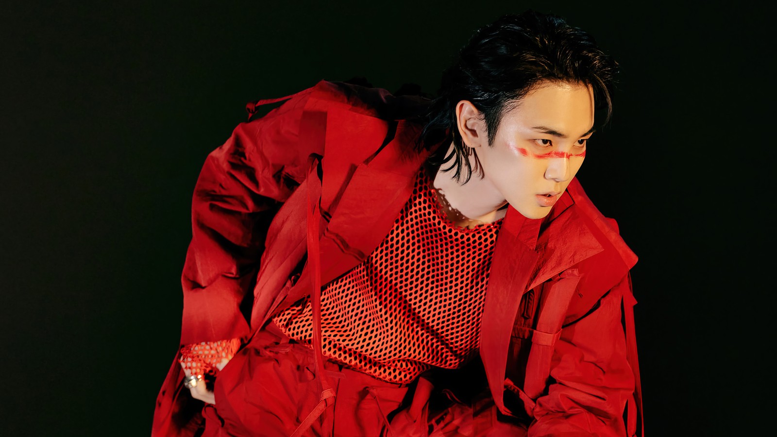 Arafed man in red jacket and red shirt with blood on face (shinee, kpop, k pop, dont call me, key)