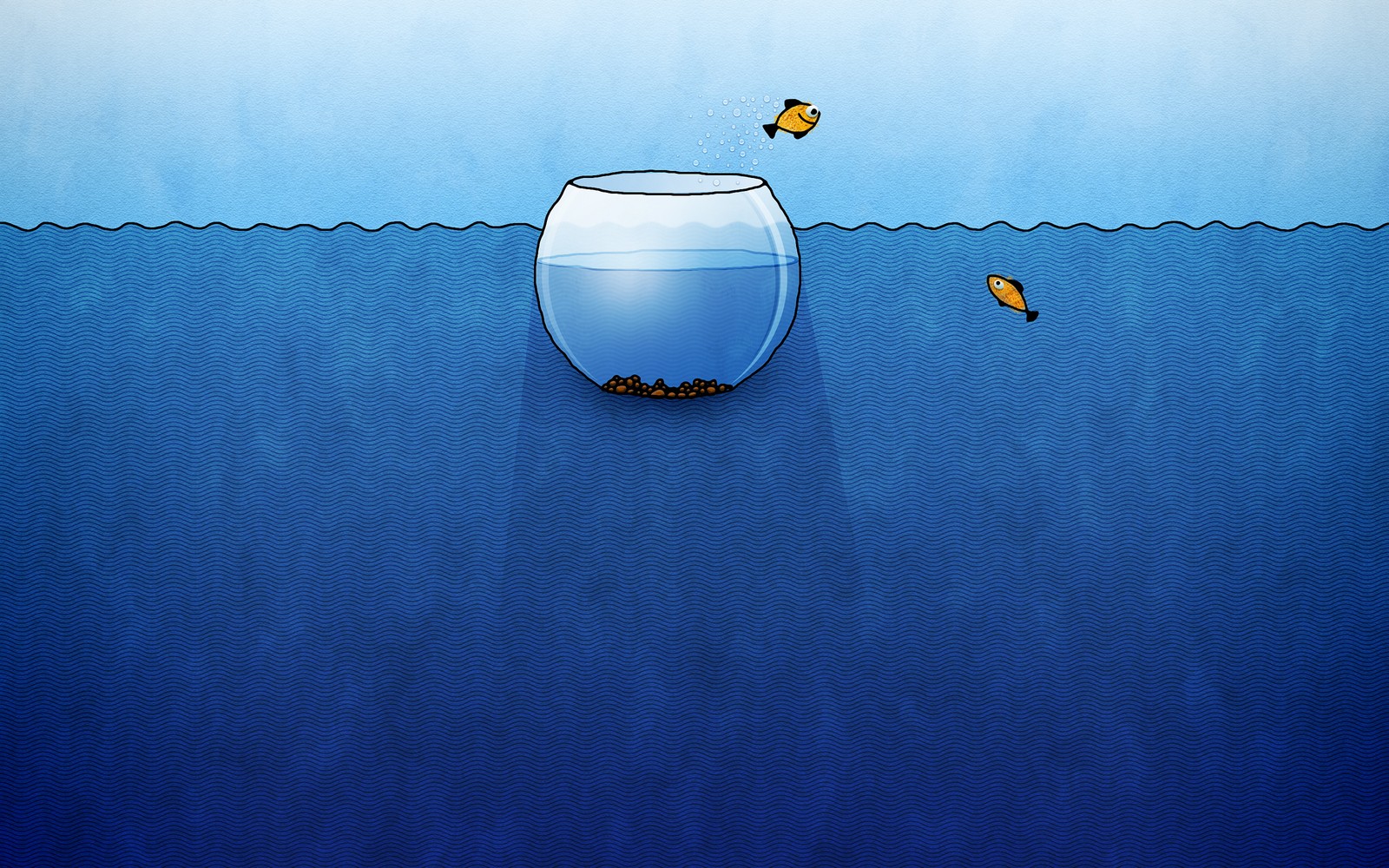 There is a fish bowl with a butterfly flying out of it (blue, water, reflection, canvas, water resources)