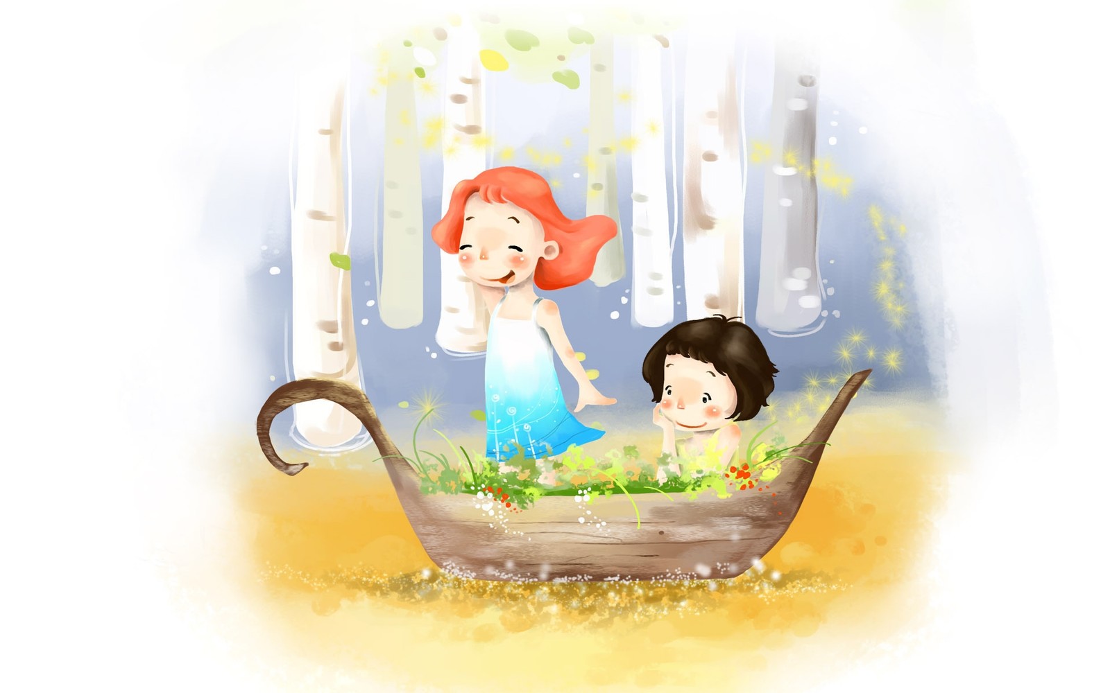 Illustration d'une fille et d'un garçon dans un bateau dans une forêt (illustration, enfant, jaune, fille)