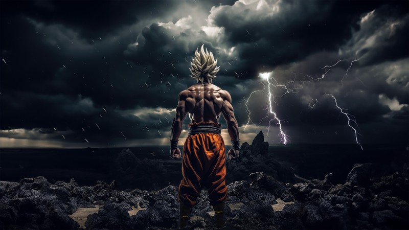 Мужчина стоит перед штормом с молнией на заднем плане (супер сайян, super saiyan, goku, драконий жемчуг, dragon ball)