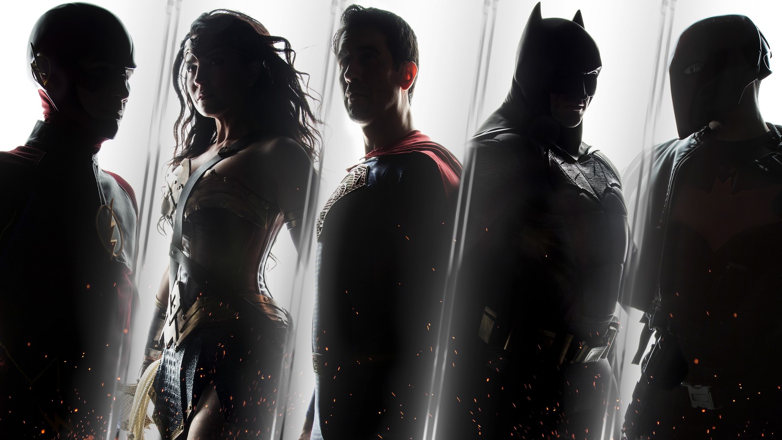 A close up of a group of people in costumes standing in front of a window (justice league, dc comics, dc superheroes, the flash, wonder woman)