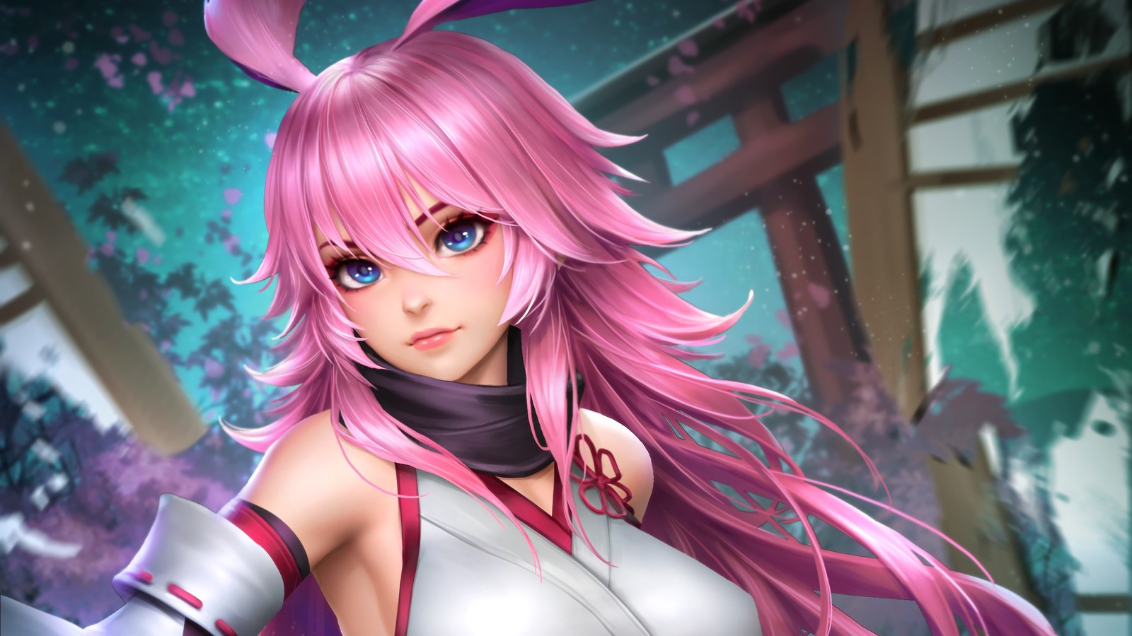 Une femme aux cheveux roses et portant un haut blanc tenant une épée (filles danime, anime, cheveux roses, yae sakura, honkai impact 3rd)