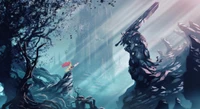 Epic Animated Landscape with Heroic Figure and Mystical Monolith