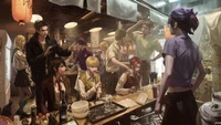 Lässiges Treffen von 'Attack on Titan'-Charakteren in einem gemütlichen Restaurant