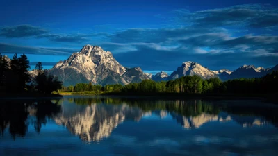 Reflexão majestosa da montanha em águas serenas em meio a florestas exuberantes.