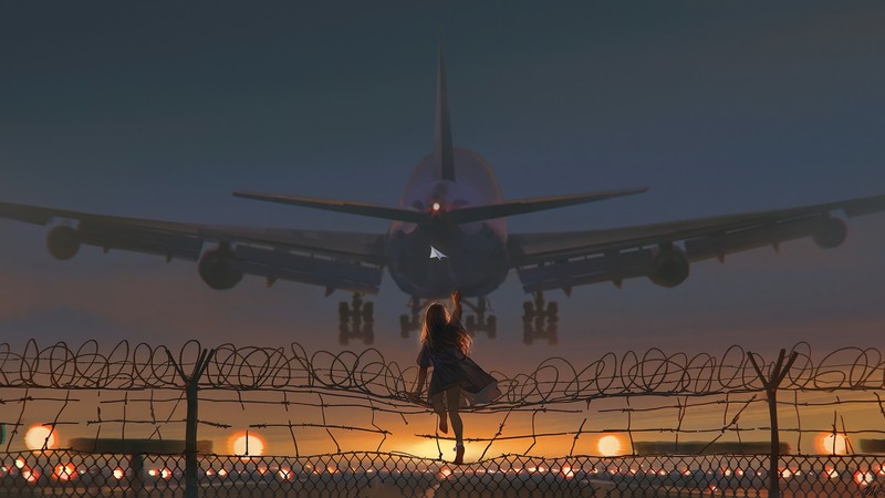 Uma visão arafa de um avião decolando de uma pista de aeroporto. (anime, meninas de anime, aeronave)