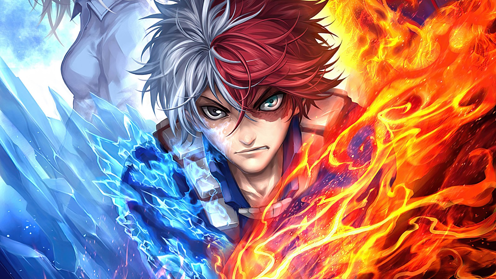 Un primer plano de una persona con fuego y agua en su rostro (shoto todoroki, my hero academia, boku no hero academia, anime)