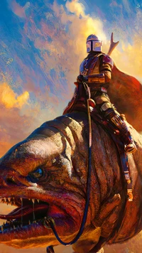 Mandalorian Warrior Riding a Giant Creature Under a Colorful Sky