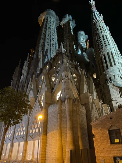 Sagrada Familia a medianoche: Una impresionante exhibición de la arquitectura medieval y clásica de Barcelona.