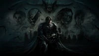 Batman, shrouded in darkness, sits in a brooding pose, holding a mask, surrounded by haunting faces of adversaries and allies, embodying the essence of heroism and sacrifice in a shadowy urban landscape.