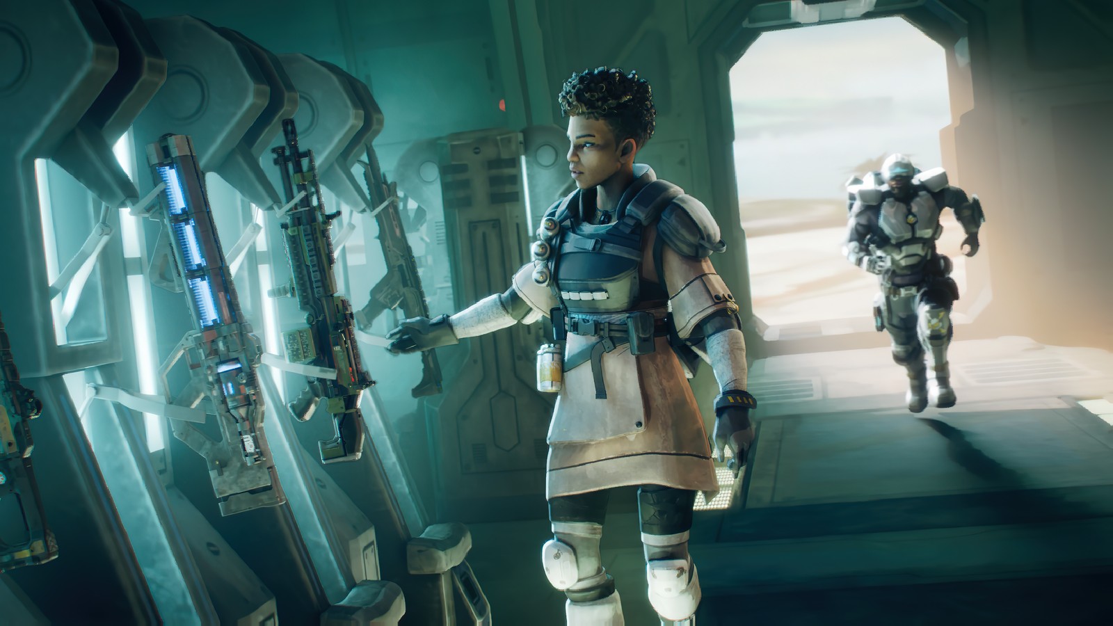 Un homme dans un costume futuriste tenant une arme dans un couloir (bangalore, newcastle, apex legends, jeu vidéo)