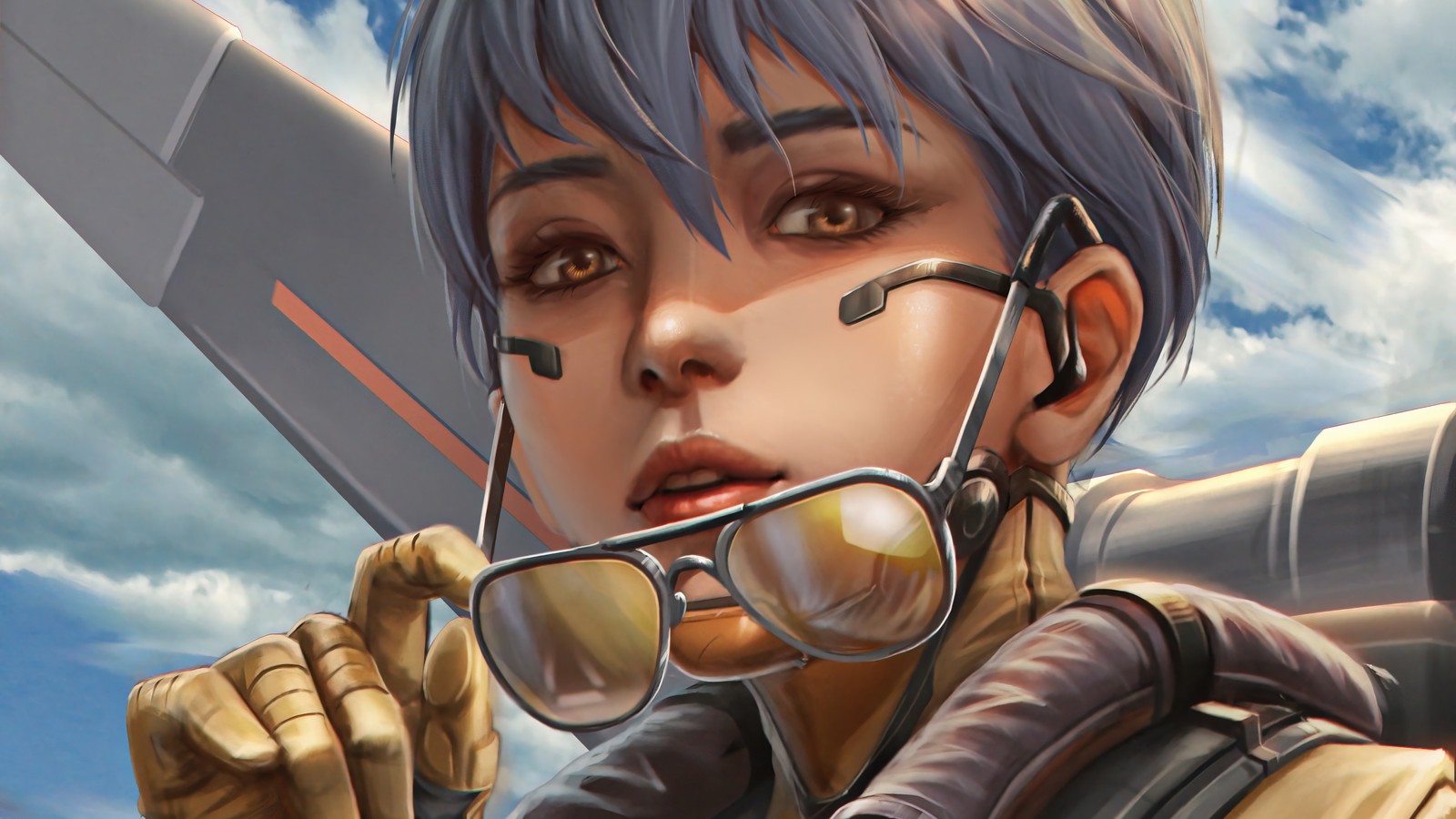 Un primer plano de una persona con gafas y una chaqueta (valquiria, apex legends, videojuego, arte)