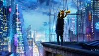 Tim Goodman et Detective Pikachu surplombant un paysage urbain vibrant la nuit.