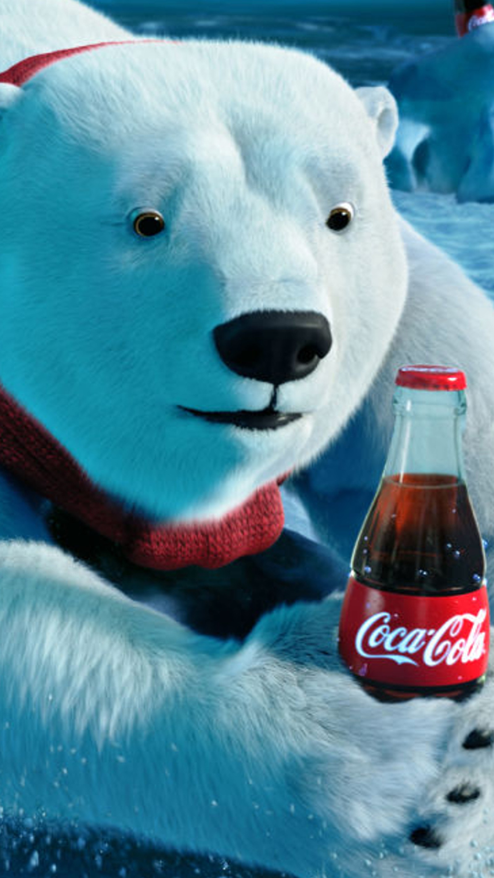 Un oso polar con una botella de coca-cola en sus patas (oso, navidad, coca, festivo)