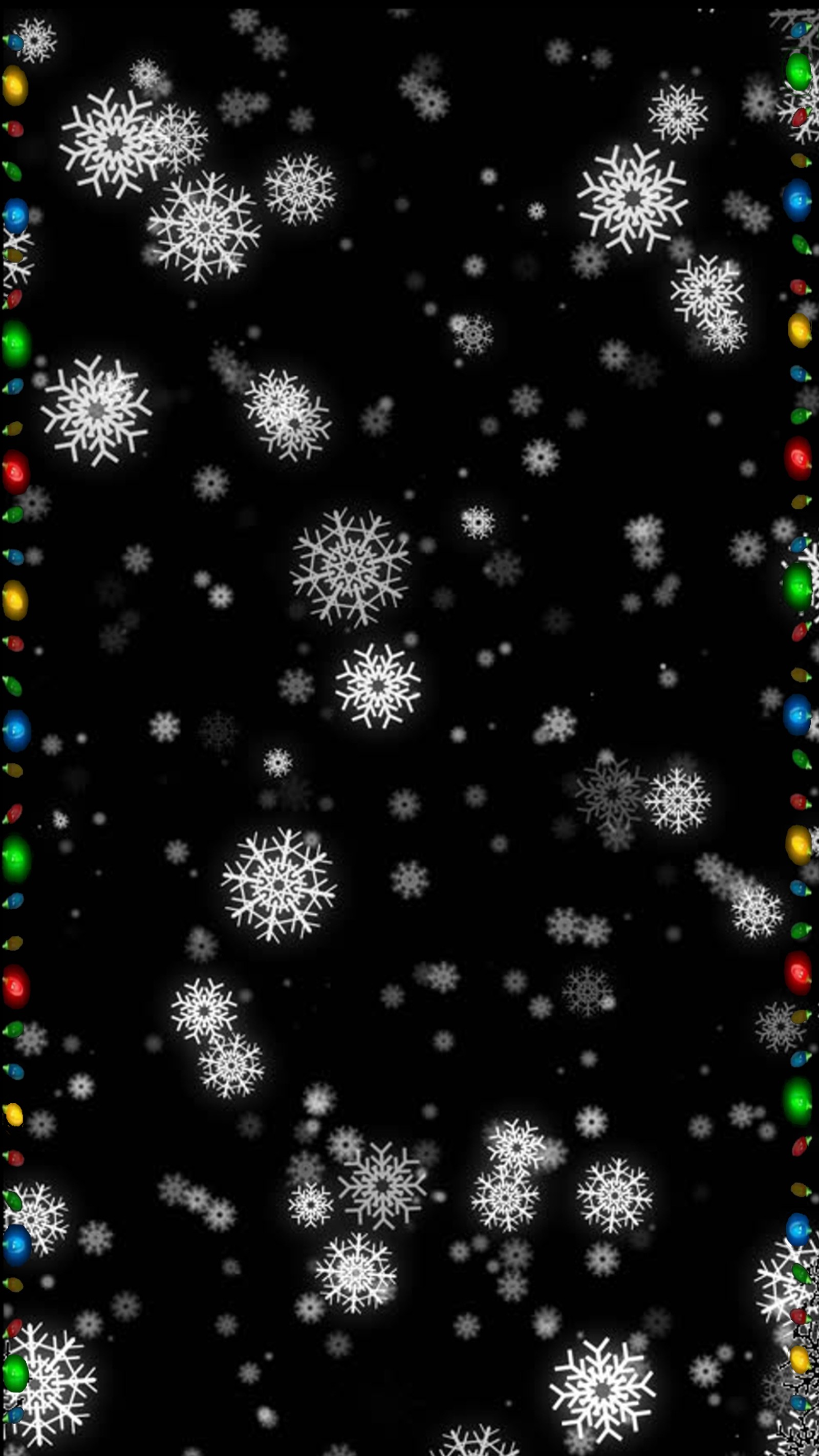 Un fondo negro con copos de nieve y luces de navidad (navidad, borde, luces, nieve, invierno)