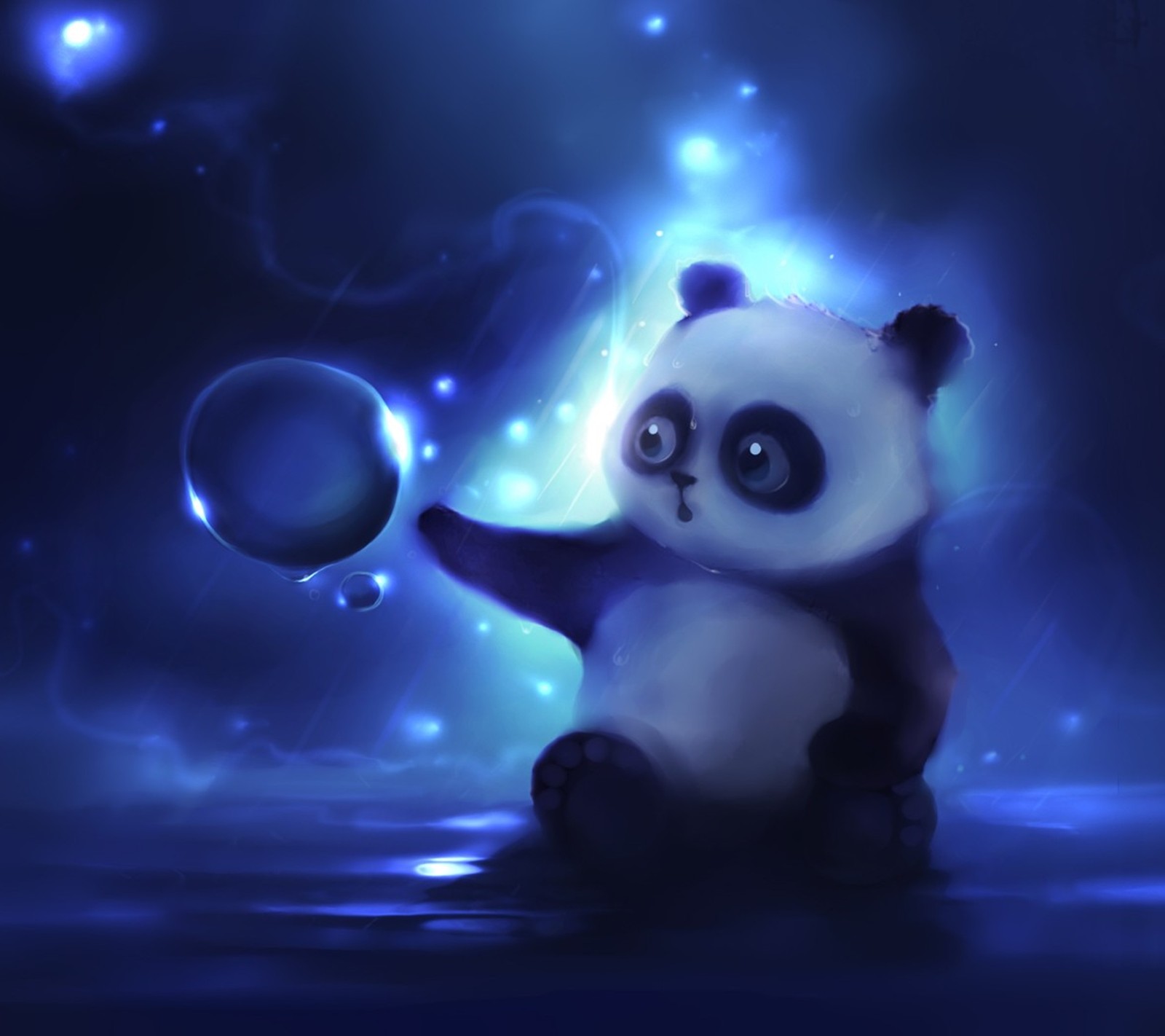 Oso panda con una pelota en el agua. (animal, azul, burbuja, lindo, panda)