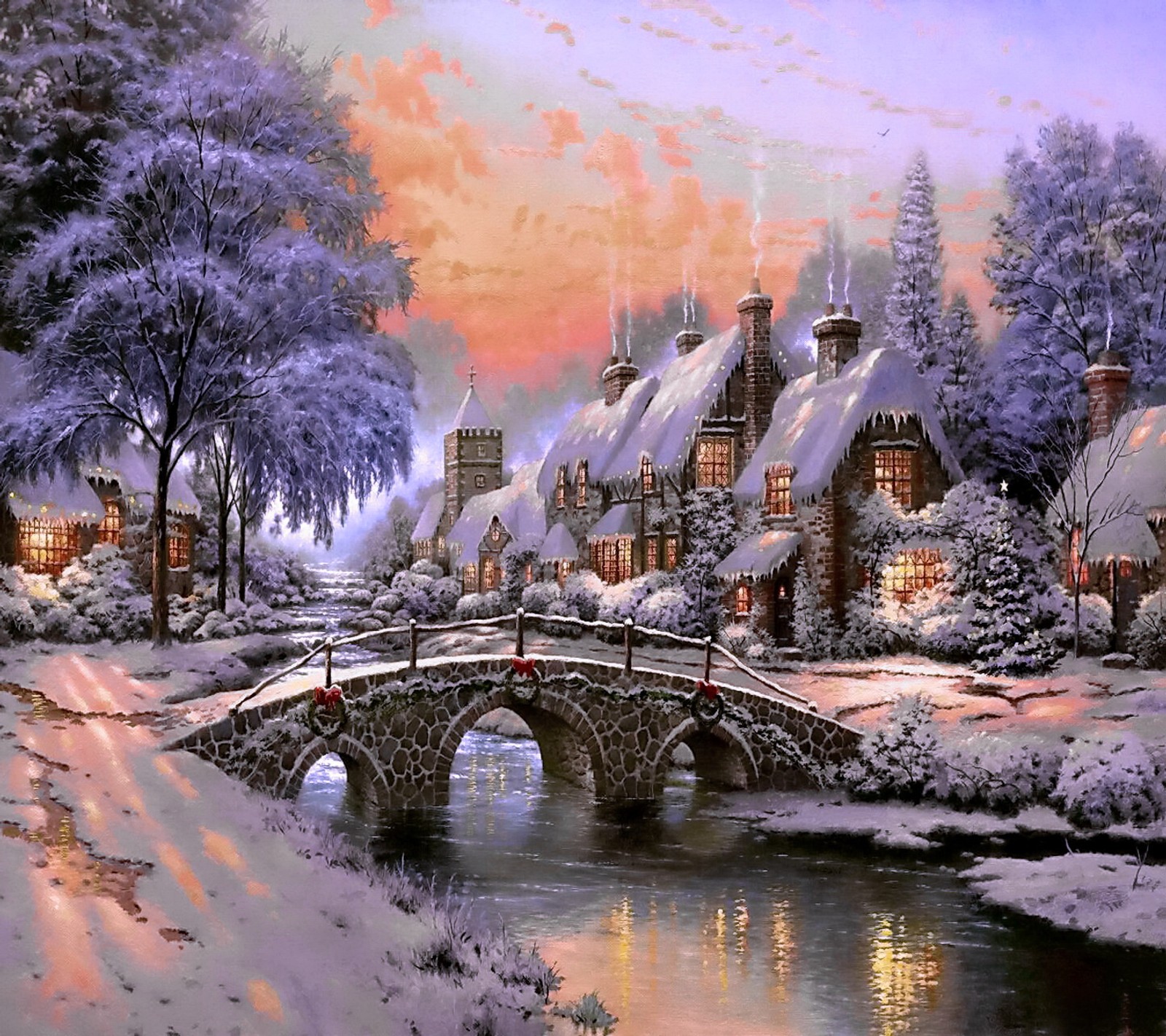 Pintura de uma vila nevada com uma ponte e um rio (natal, eve, casa, noite, neve)