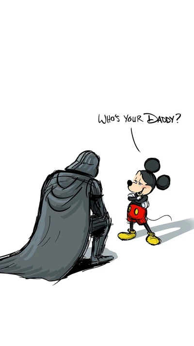 Mickey Mouse fordert Darth Vader spielerisch heraus: 'Wer ist dein Daddy?