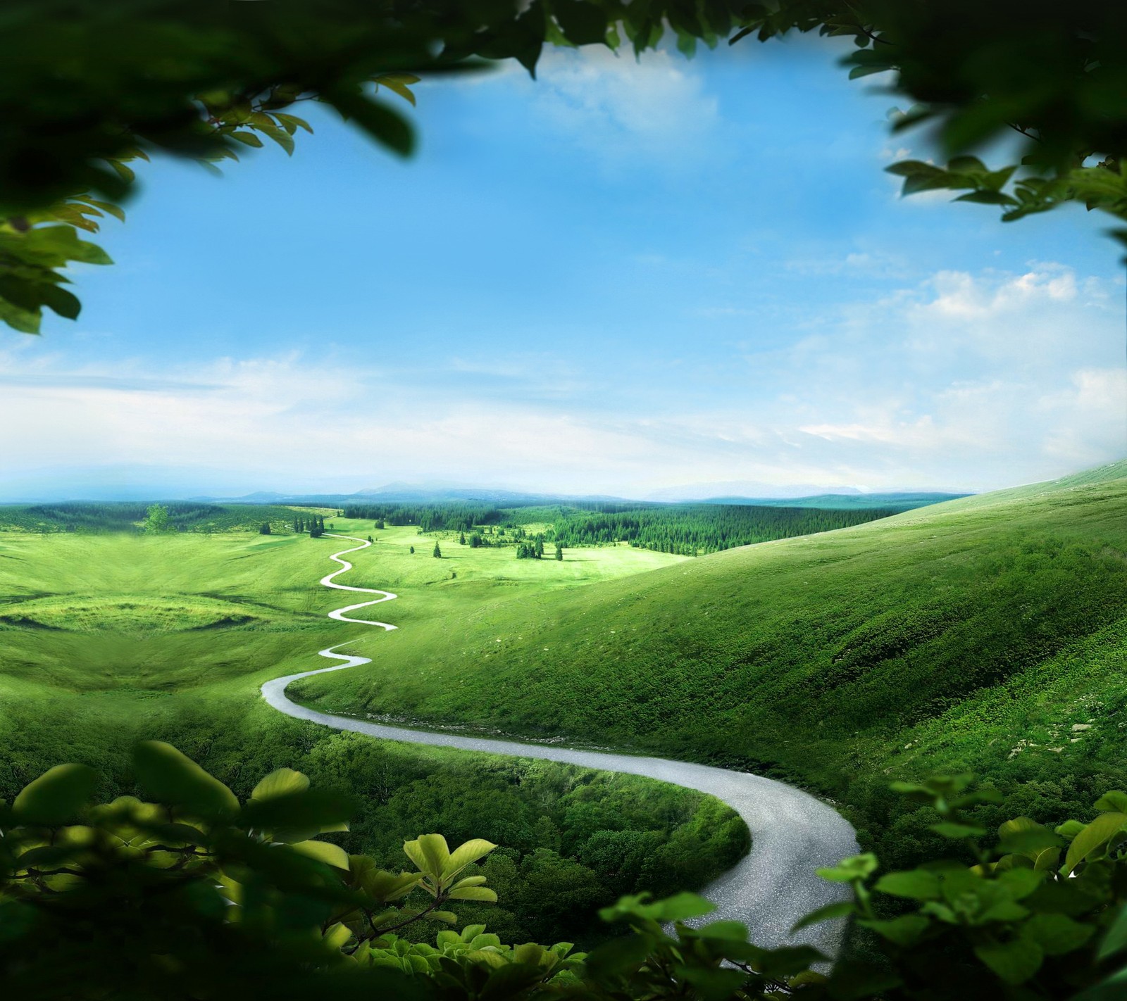 A view of a winding road through a lush green valley (field, galaxy, grass, hill, note)