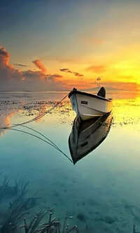 Serene Sunset Reflection with a Moored Boat