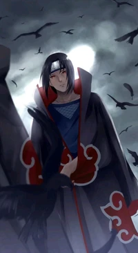 Itachi Uchiha entouré de corbeaux dans une atmosphère dramatique