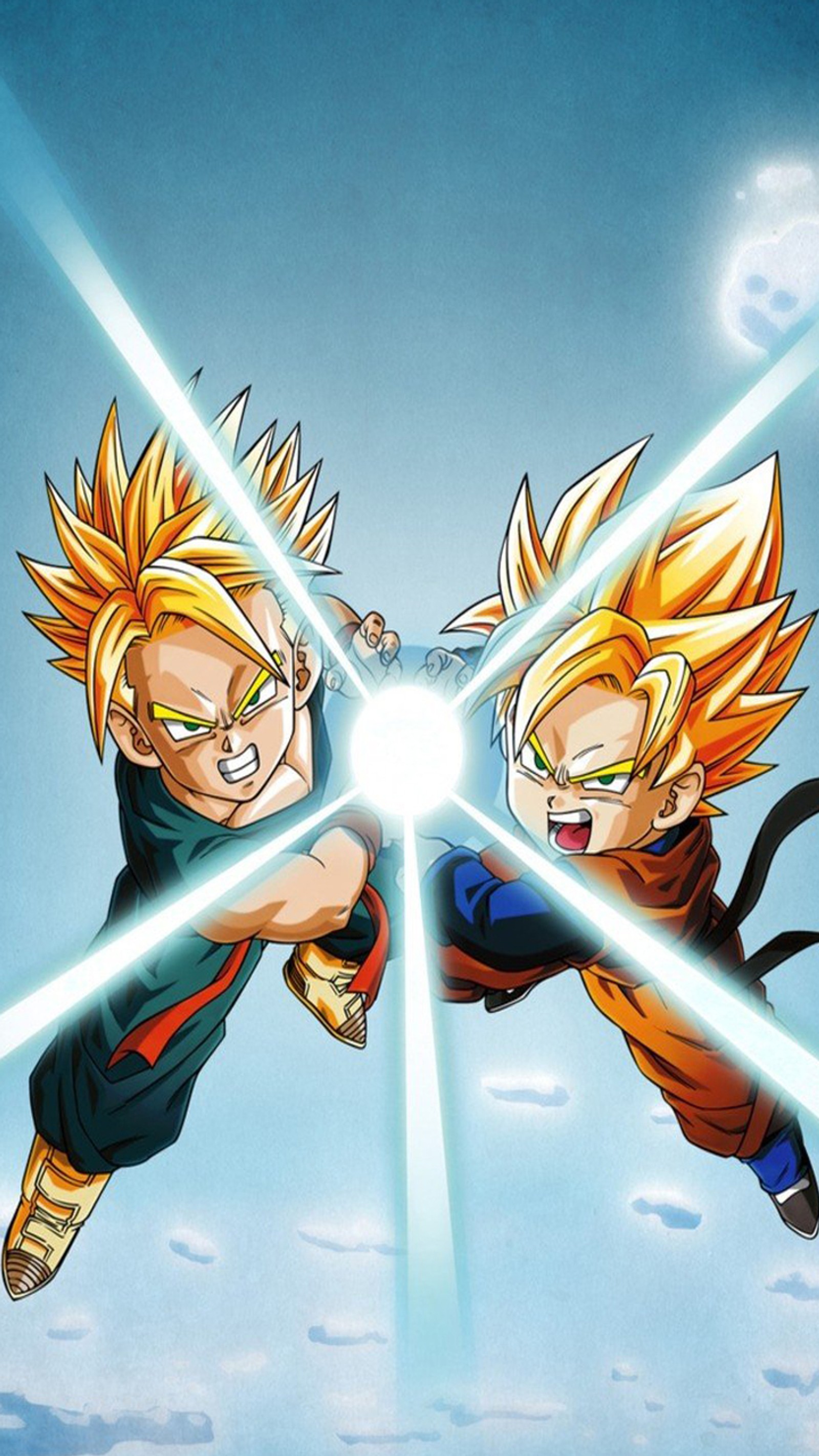 Dragon ball goku y gohan luchando en el cielo (dragon ball, goten, trunks)