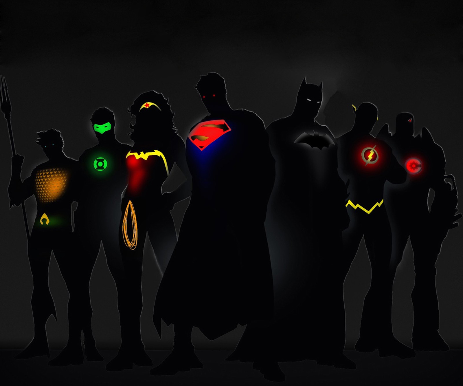 Batman, green lantern, superman, and flash silhouetted against a black background (batman, comic hero, green lantern, superman, wonder woman)