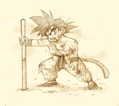 Petit Goku s'entraîne avec un bâton dans un paysage poussiéreux