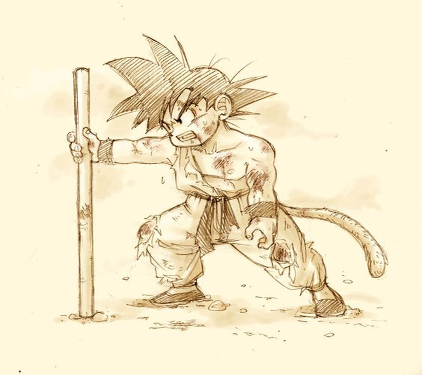 Рисунок молодого гоку с палкой в руке (аниме, anime, драгонболл, dragonball, goku)