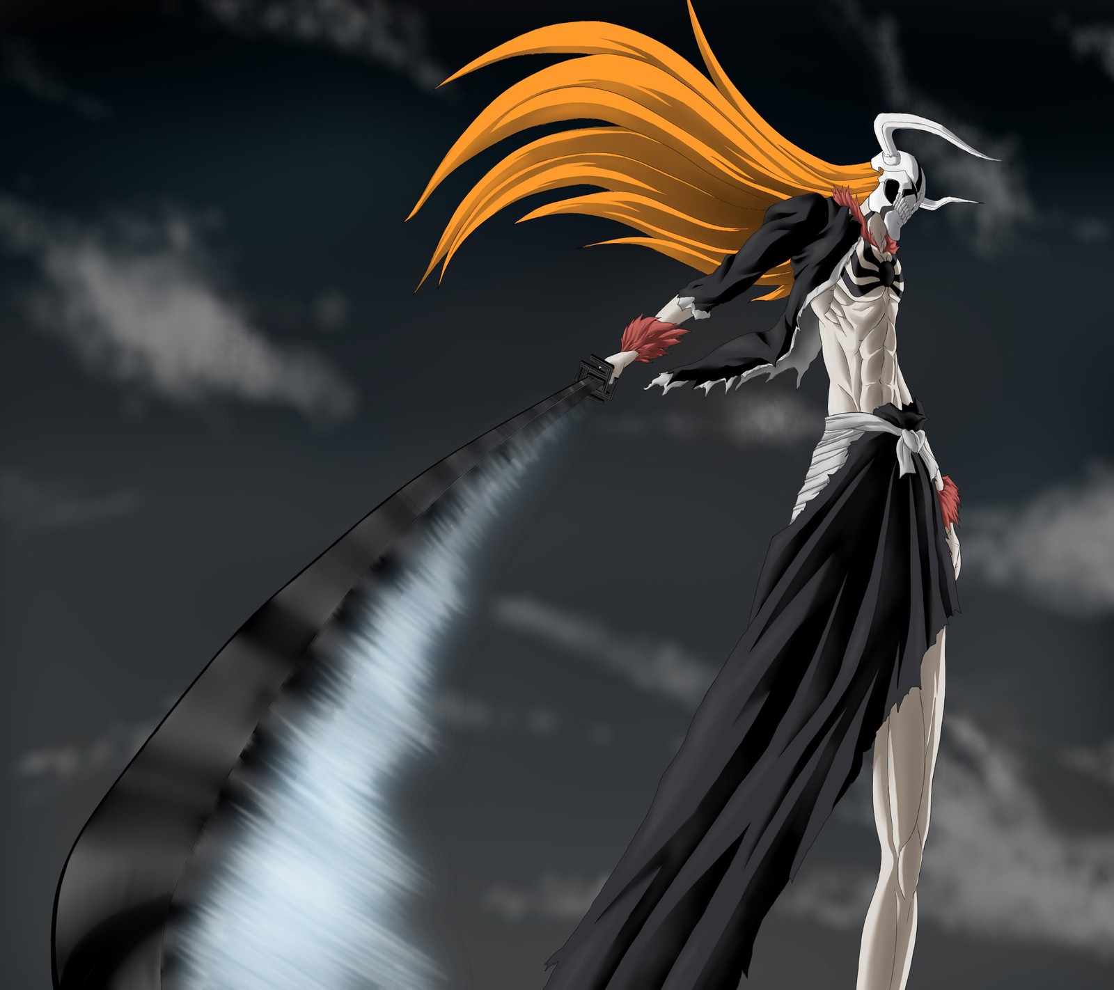 Anime, une femme aux longs cheveux et à long manteau volant dans les airs (bleach, ichigo)