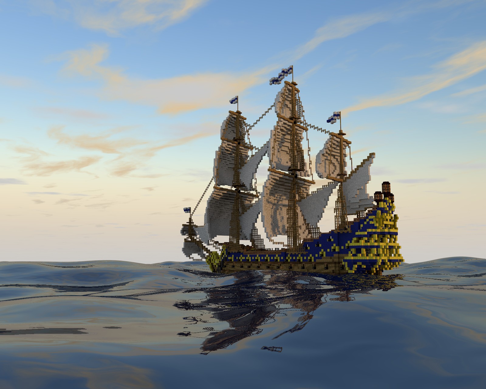 There is a 3d image of a pirate ship in the water (boat, galleon, game, minecraft, pirate)