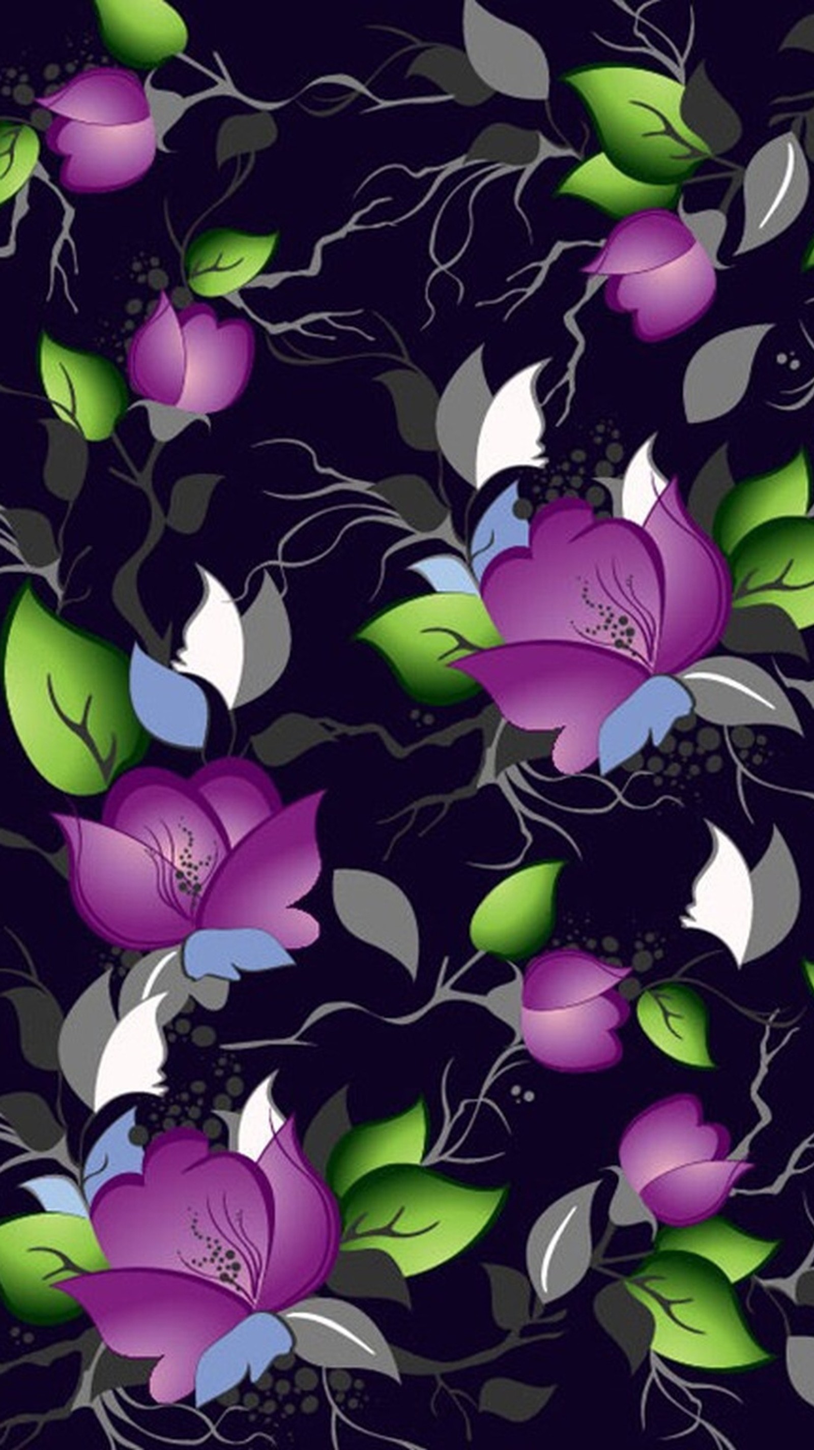 Um padrão floral roxo e verde em um fundo preto (abstrato, flores)