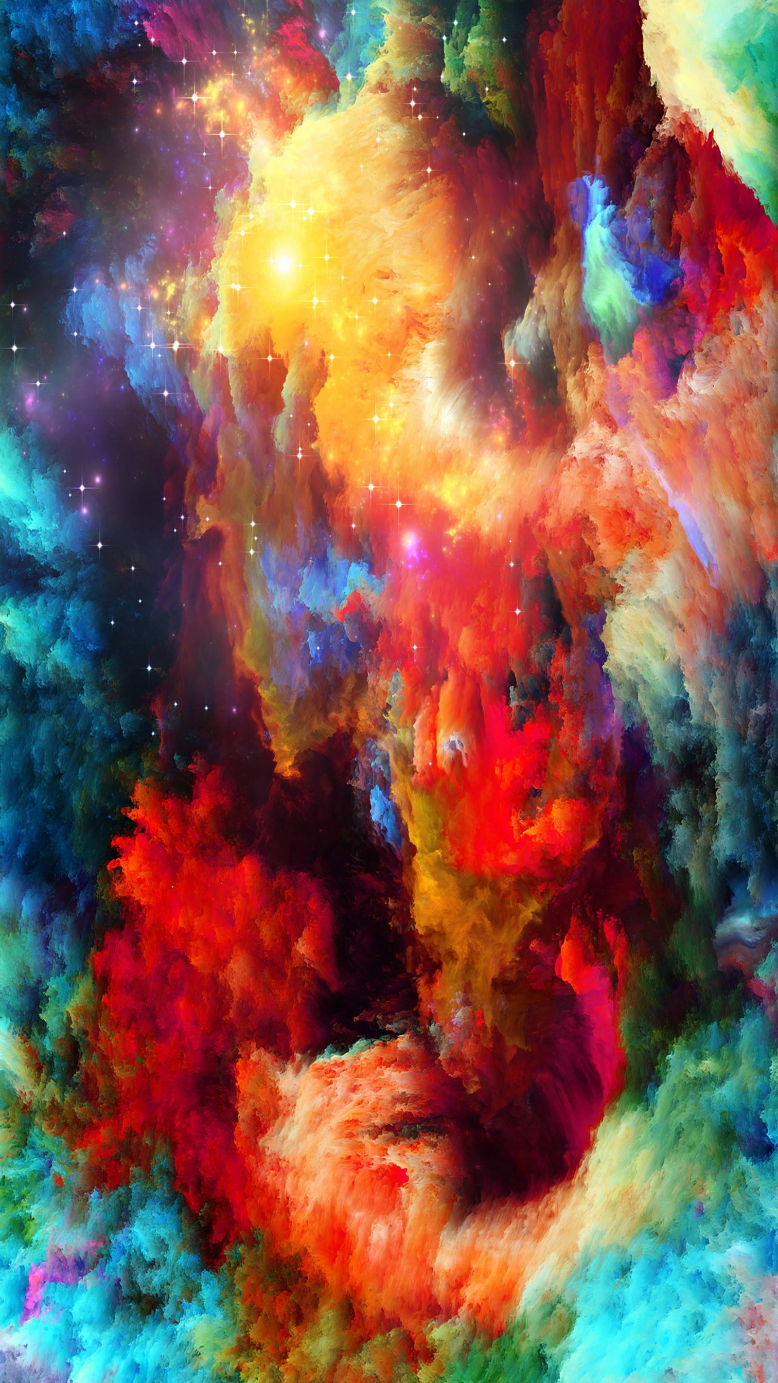 A painting of a colorful image of a person in a space (abstract, art, artistic, colorful, colors)