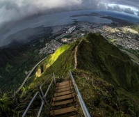 ville, ciel, montagne, nature, stairway