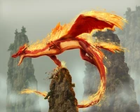 Fire-Breathing Dragon Soaring Over Fiery Peaks