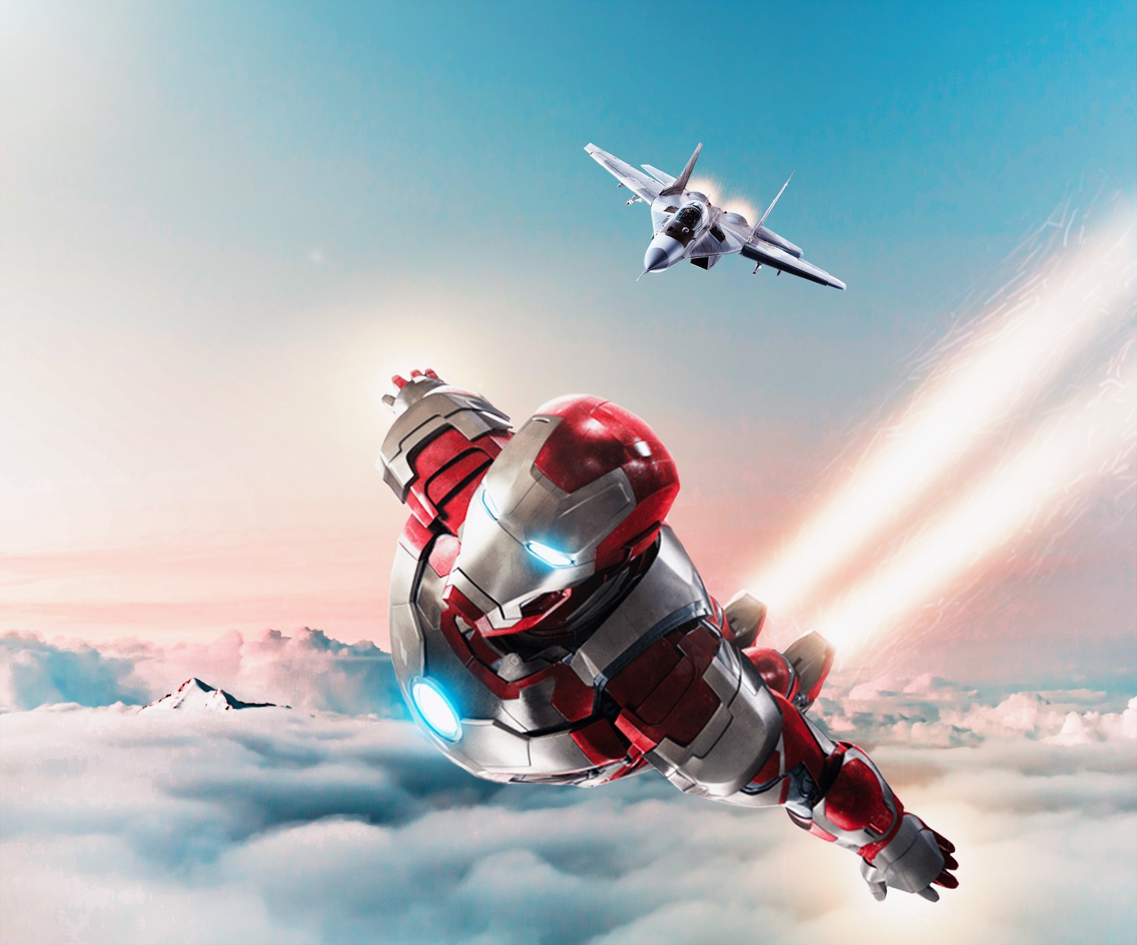 Il y a une image d'un jet survolant un ciel rempli de nuages (avengers, fin de partie, endgame, je taime 3000, iron man 3)