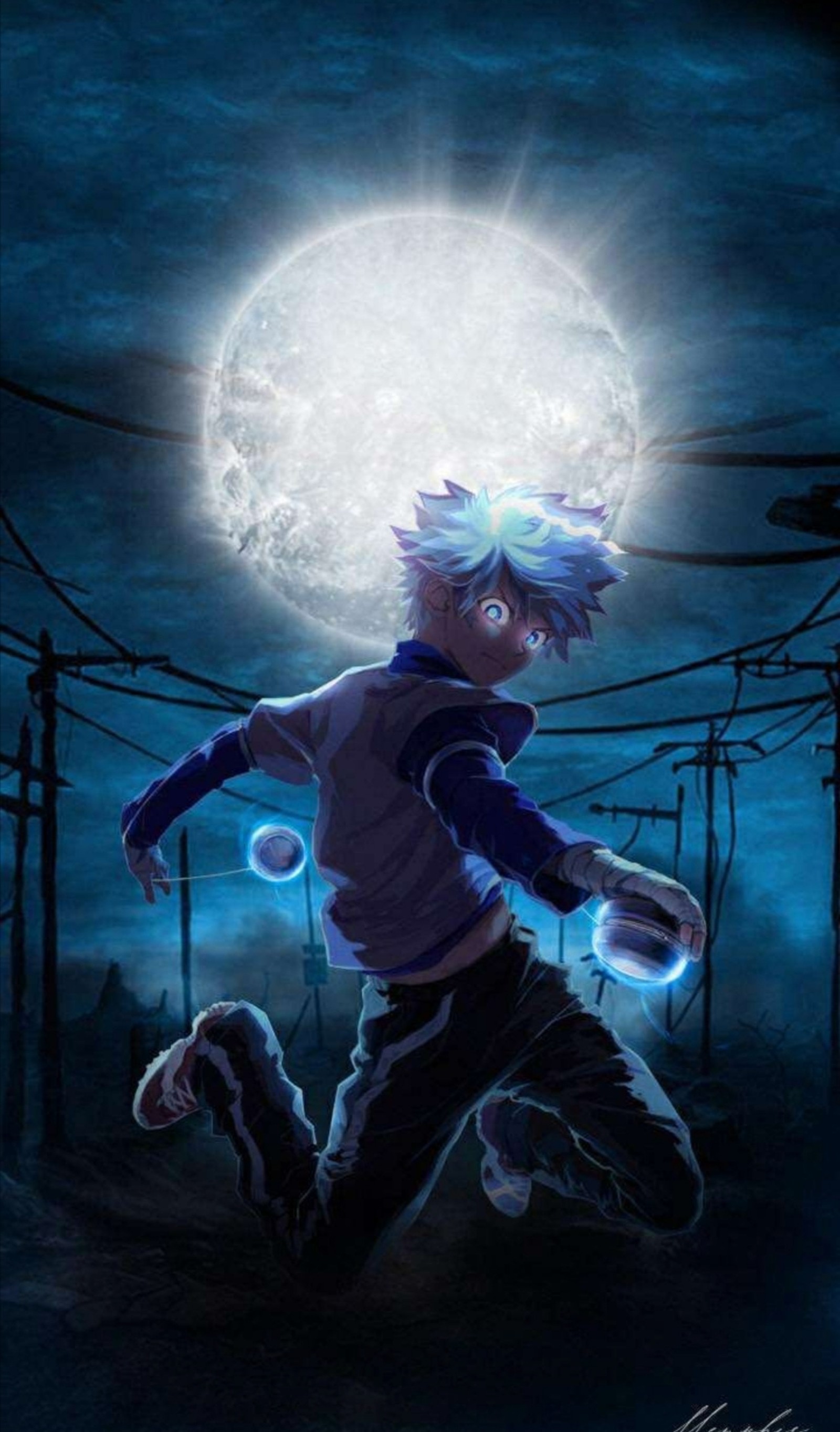 Ein gemälde eines jungen, der im mondlicht mit einem leuchtenden ball läuft (hunter x hunter, manga)