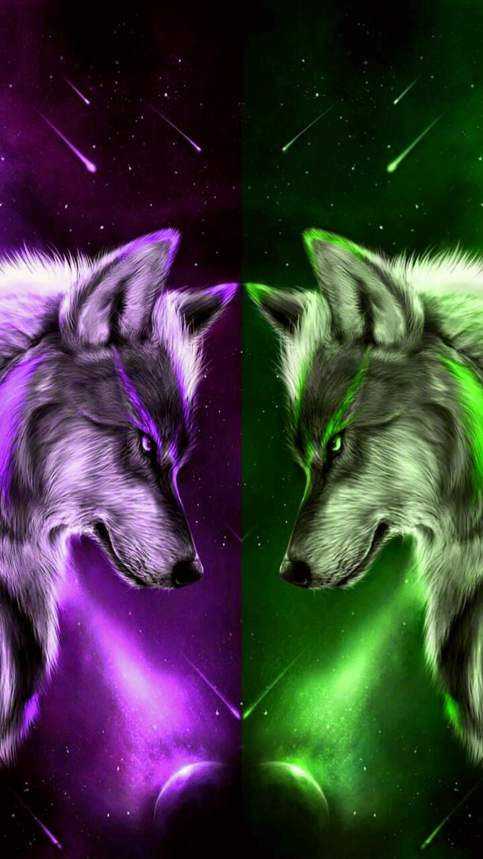 Two wolfs in the space with a green and purple background (wolf, wolves, purple, green)