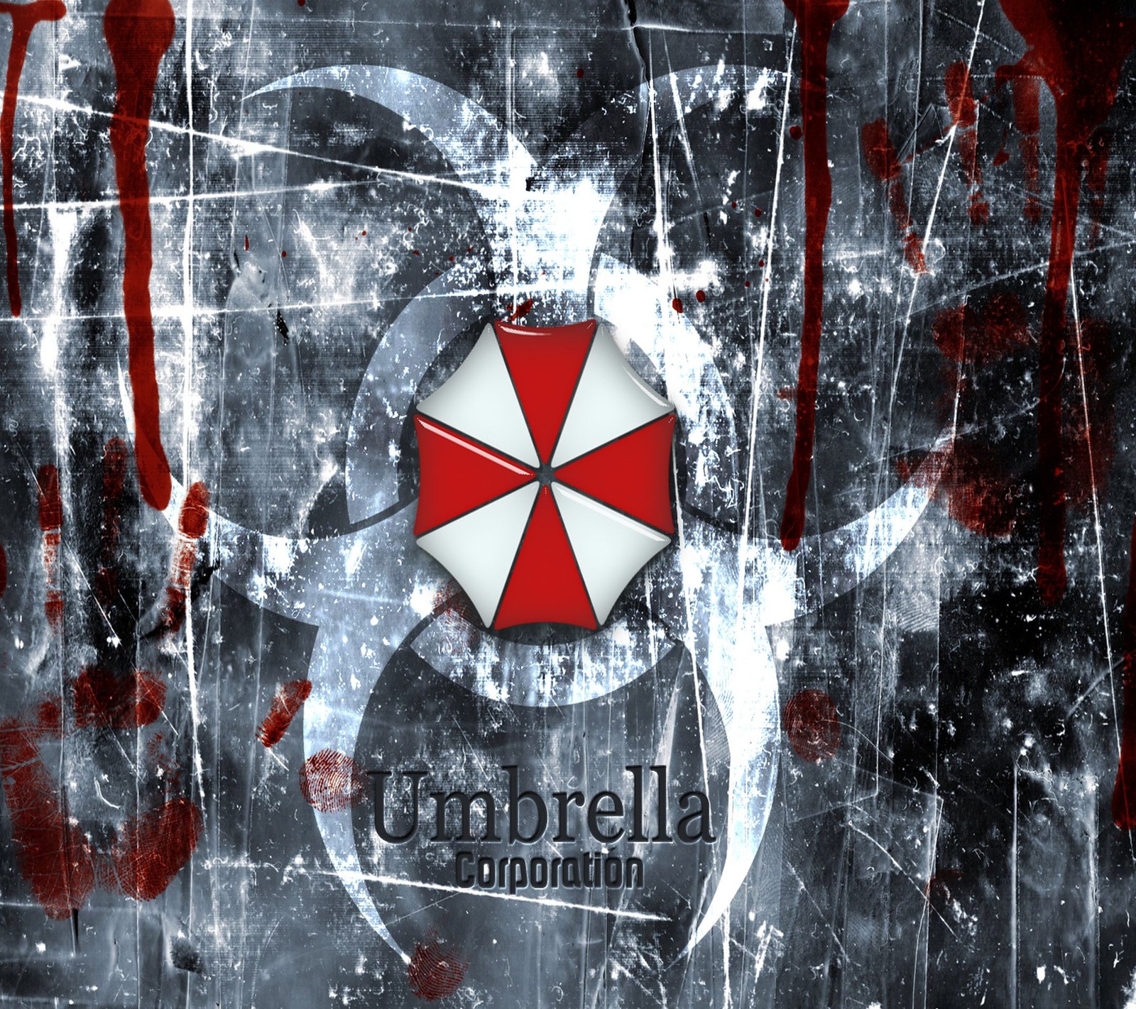 There is a red and white umbrella with blood on it (game, movie, umbrella)