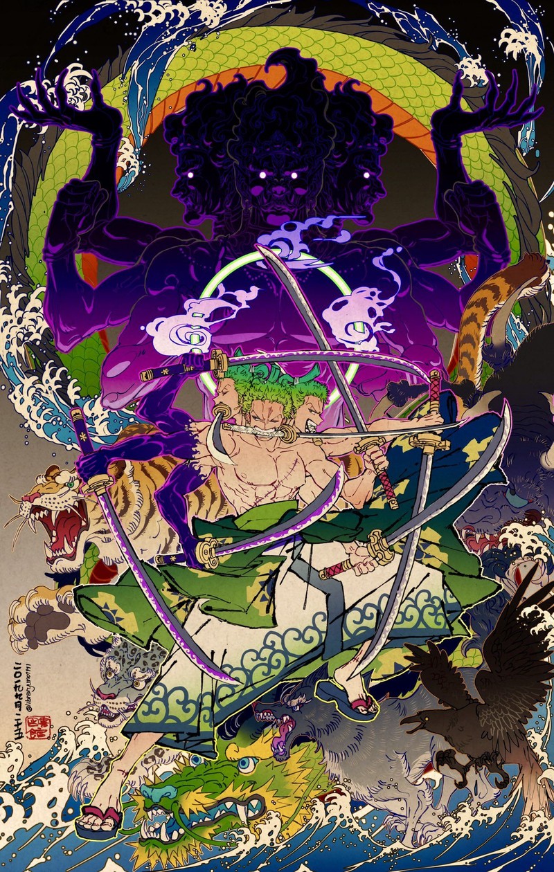 Des personnages d'anime chevauchant une vague avec un dragon en arrière-plan (anime, zoro)