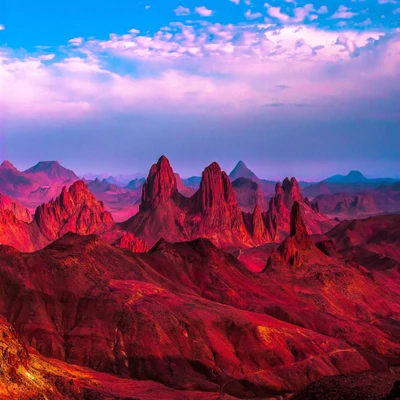 Pôr do sol vibrante sobre majestosas montanhas vermelhas