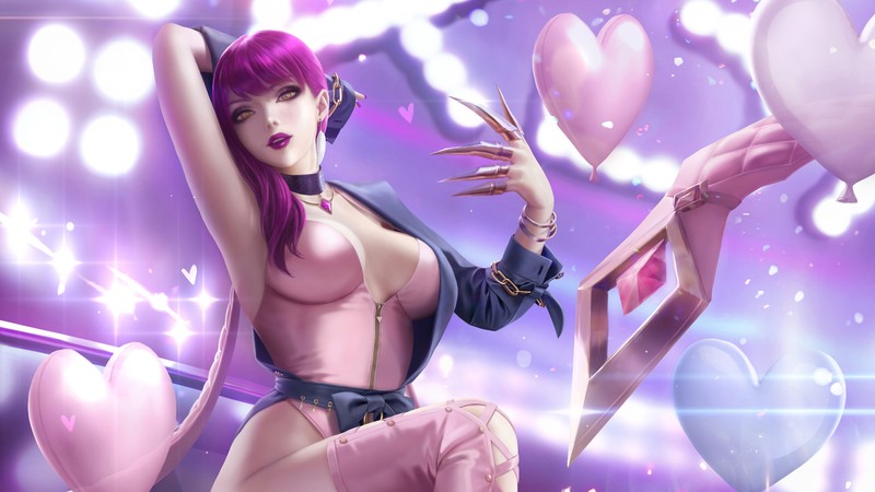 Женщина с розовыми волосами и черным топом позирует на фоне шаров (kda, evelynn, lol, league of legends, видеоигра)