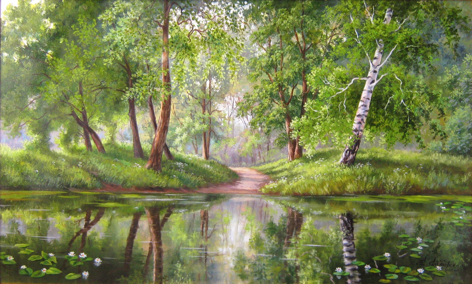 Painting of a path through a forest with water lillies (forest, painting, landscape painting, art, nature)