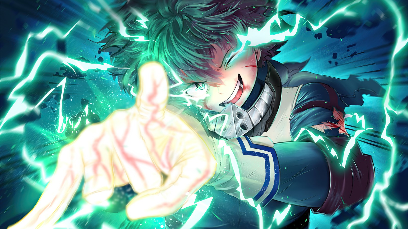 Un primer plano de una persona señalando algo con un dedo (izuku midoriya, my hero academia, boku no hero academia, anime)