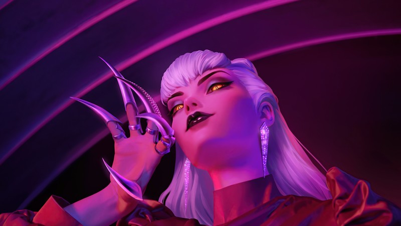 Крупный план женщины с белыми волосами и фиолетовым платьем (evelynn, kda, злодей, lol, видеоигра)