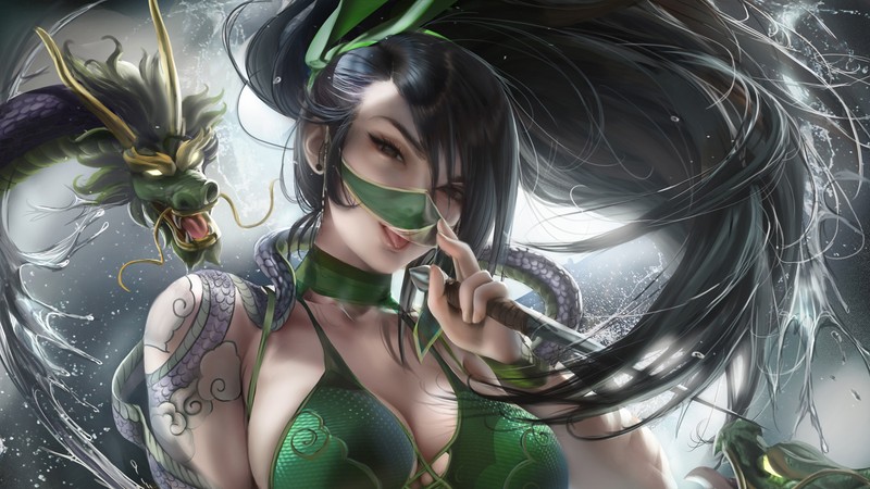 Крупный план женщины в зеленом наряде с драконом на плече (акали, akali, league of legends, lol, видеоигра)