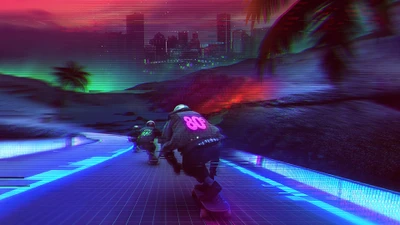 Skatistas Retrô em uma Paisagem Neon: Uma Aventura Synthwave