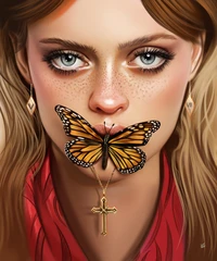 chica hermosa, mariposa, retrato, pintura, ilustración