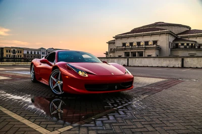 Ferrari 458: Um deslumbrante carro esportivo ao pôr do sol